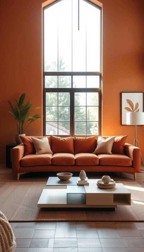 A warm-toned, modern living room with a beautifully curated seating area. In the foreground, a plush, minimalist sofa in a rich shade of terracotta, accompanied by two matching armchairs artfully arranged to foster intimate conversation. Midground features a sleek, low-profile coffee table with a clean, geometric design, topped with a selection of tasteful decor pieces. The background showcases a large, south-facing window, allowing natural light to flood the space and create a soft, inviting ambiance. The room is accented with subtle textures, such as woven rugs and textured throw pillows, adding depth and visual interest. Overall, the scene emanates a sense of sophisticated comfort and functionality, perfectly capturing the essence of a warm, modern living room. Prompt