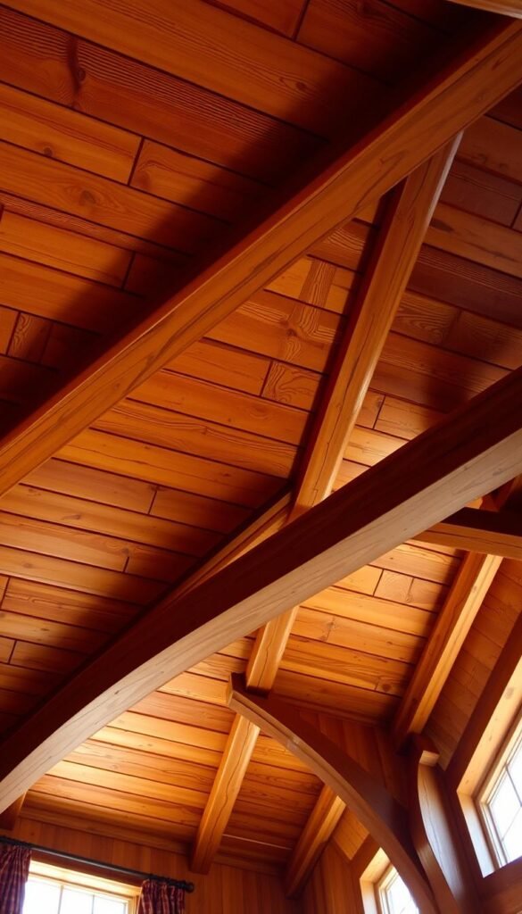 A warm, well-lit wooden ceiling with intricately crafted panels and sturdy beams. The wooden grains and knots create a natural, rustic charm, while the precise arrangement of the panels and beams lend an air of sophisticated design. Soft, directional lighting casts subtle shadows, accentuating the depth and texture of the wood. The scene is bathed in a cozy, inviting glow, evoking a sense of natural warmth and comfort. The camera angle captures the ceiling from a low, slightly elevated perspective, allowing the viewer to fully appreciate the architectural details and the overall impression of a carefully curated, harmonious space.