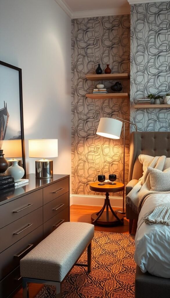 A well-coordinated bedroom interior with a chic modern aesthetic. In the foreground, an elegant dresser with sleek metal accents and a plush upholstered bench underneath. On top, an assortment of stylish accessories like a geometric table lamp, a minimalist vase, and a few artful books. The middle ground features a cozy armchair with a soft throw blanket, nestled between a wooden side table and a modern floor lamp casting a warm, ambient glow. In the background, a feature wall with a bold, abstract wallpaper pattern creates a visually stunning backdrop, complemented by floating shelves displaying decorative objects. The overall scene exudes a sense of balance, sophistication, and intentional design.