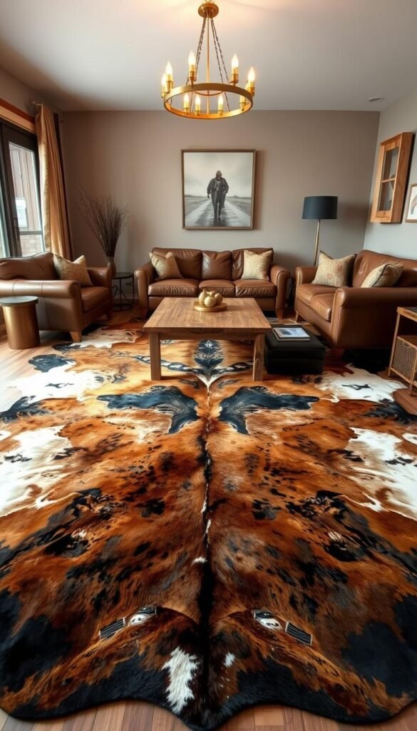 A well-crafted cowhide rug takes center stage in a modern Western-inspired living room. The rug's intricate pattern of mottled browns and blacks creates a bold, organic foundation, the hides expertly arranged in an eye-catching asymmetric design. Soft lighting from a brass and glass chandelier casts a warm glow, highlighting the rug's natural texture and variations. The placement of the rug is strategic, anchoring the space and leading the eye towards plush leather seating and a reclaimed wood coffee table. This carefully curated arrangement blends rustic charm with contemporary elegance, radiating an inviting atmosphere perfect for relaxation and entertaining. A well-crafted cowhide rug takes center stage in a modern Western-inspired living room. The rug's intricate pattern of mottled browns and blacks creates a bold, organic foundation, the hides expertly arranged in an eye-catching asymmetric design. Soft lighting from a brass and glass chandelier casts a warm glow, highlighting the rug's natural texture and variations. The placement of the rug is strategic, anchoring the space and leading the eye towards plush leather seating and a reclaimed wood coffee table. This carefully curated arrangement blends rustic charm with contemporary elegance, radiating an inviting atmosphere perfect for relaxation and entertaining.