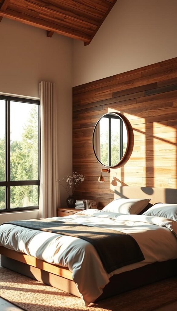 A well-crafted wood accent wall, its rustic planks artfully installed, casting warm, inviting shadows across a tranquil bedroom. Soft, natural lighting filters through a large window, highlighting the wood's intricate grain and texture. The wall's centerpiece, a large, circular mirror, reflects the cozy atmosphere, complementing the minimalist decor. The overall scene exudes a sense of serene sophistication, perfect for a relaxing weekend retreat.
