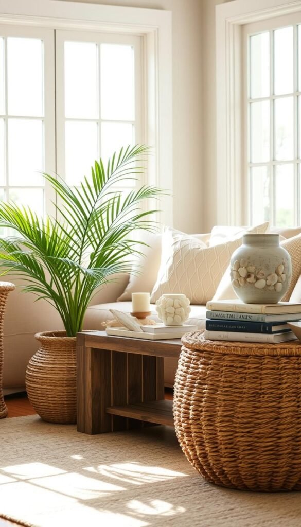 A well-curated arrangement of coastal-inspired accent pieces, bathed in warm, natural light filtering through large windows. In the foreground, a woven rattan planter holds a thriving potted palm, its fronds gently swaying. Decorative items like a driftwood sculpture, a seashell-adorned candleholder, and a ceramic vase with a weathered finish are carefully placed on a rustic wooden side table. The middle ground features a large, textural seagrass basket and a stack of coastal-themed coffee table books. Neutral-toned throw pillows and a soft, plush area rug complete the cozy, inviting atmosphere, evoking the serene ambiance of a seaside retreat. A well-curated arrangement of coastal-inspired accent pieces, bathed in warm, natural light filtering through large windows. In the foreground, a woven rattan planter holds a thriving potted palm, its fronds gently swaying. Decorative items like a driftwood sculpture, a seashell-adorned candleholder, and a ceramic vase with a weathered finish are carefully placed on a rustic wooden side table. The middle ground features a large, textural seagrass basket and a stack of coastal-themed coffee table books. Neutral-toned throw pillows and a soft, plush area rug complete the cozy, inviting atmosphere, evoking the serene ambiance of a seaside retreat.