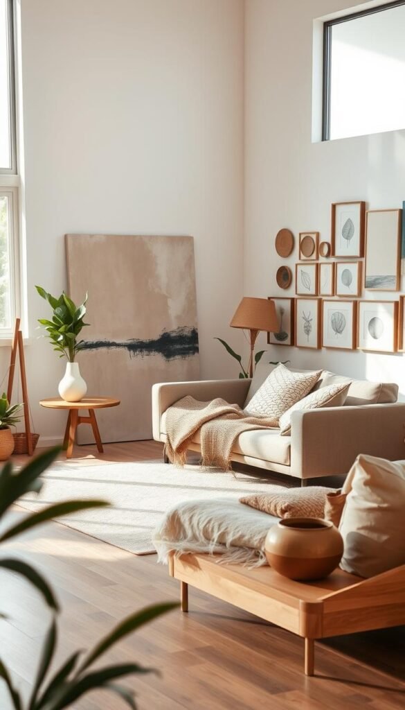 A well-curated collection of organic modern art and decor, thoughtfully arranged in a serene, minimalist living room. A neutral color palette with natural wood tones, lush greenery, and earthy ceramics create a calming, harmonious atmosphere. Soft, diffused lighting from a large window illuminates the scene, casting gentle shadows and highlighting the textures of the materials. In the foreground, a large abstract canvas in muted tones takes center stage, flanked by a simple, sculptural floor lamp and a mid-century inspired side table. In the middle ground, a low-profile, modular sofa anchors the space, topped with natural fiber cushions and accented by a handwoven throw. In the background, a gallery wall displays an eclectic mix of framed prints, sketches, and minimalist ceramics, creating visual interest and a personal touch.