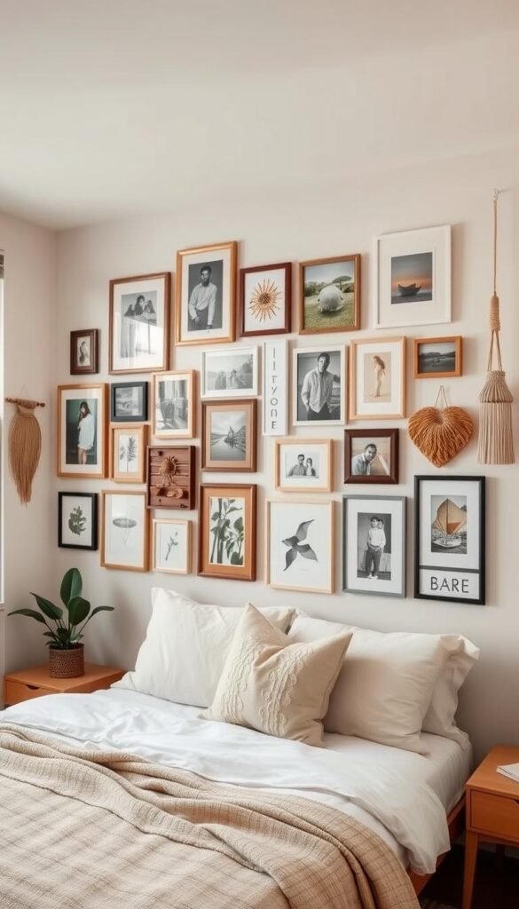 A well-curated gallery wall featuring an eclectic mix of framed art, photographs, and wall hangings in a harmonious, modern bedroom setting. The arrangements are balanced and visually appealing, with a mix of sizes, shapes, and frames that complement the neutral color scheme and natural textures of the room. Soft, diffused lighting from a large window casts a warm, inviting glow, highlighting the personal touches and creating a cozy, Pinterest-worthy ambiance. The overall composition is both stylish and reflective of the homeowner's unique taste and personality.