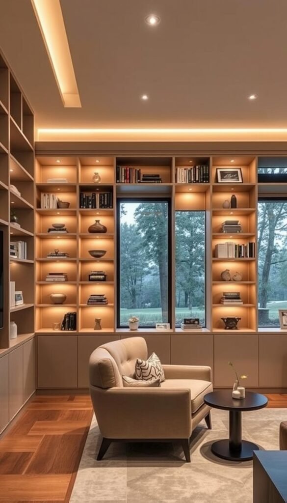 A well-designed custom built-in storage solution for a high-end living room. A large, floor-to-ceiling bookshelf dominates the foreground, its sleek, minimalist shelves displaying carefully curated decor pieces and books. Warm, indirect lighting from recessed ceiling fixtures casts a cozy glow, complementing the room's neutral color palette of beige, grey, and wood tones. In the middle ground, a statement armchair and side table create a cozy reading nook. The background features large windows overlooking a scenic, wooded landscape, blending the indoors and outdoors for a serene, luxurious ambiance.