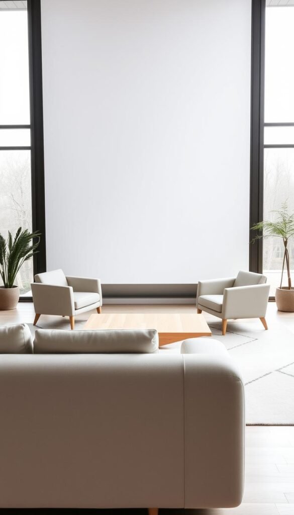 A well-lit Scandinavian-inspired living room with minimalist, clean-lined furniture. In the foreground, a sleek, low-profile sofa with soft, neutral upholstery and gently tapered legs. Flanking it, a pair of armchairs with geometric forms and crisp, straight edges. In the middle ground, a simple, rectangular coffee table with a smooth, light-colored wood top. Behind, a large, unadorned window allows natural light to flood the space, creating a sense of openness and tranquility. The overall mood is one of refined simplicity, prioritizing function and form.