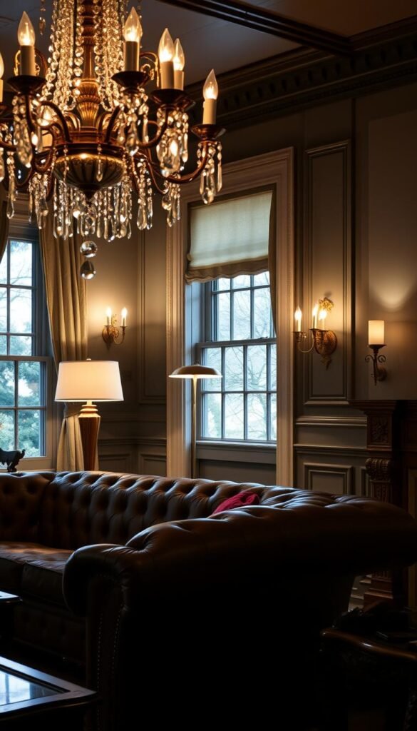 A well-lit Victorian living room with a mix of period and contemporary lighting fixtures. In the foreground, an ornate crystal chandelier casts a warm glow over a plush chesterfield sofa. In the middle ground, a sleek, modern floor lamp stands beside a carved wooden side table. The background is illuminated by wall sconces with antique brass finishes, complementing the room's traditional architectural features. The lighting creates a harmonious blend of old and new, casting soft shadows and highlighting the rich textures of the room's furnishings. The overall atmosphere is inviting and elegant, perfect for a cozy evening at home.