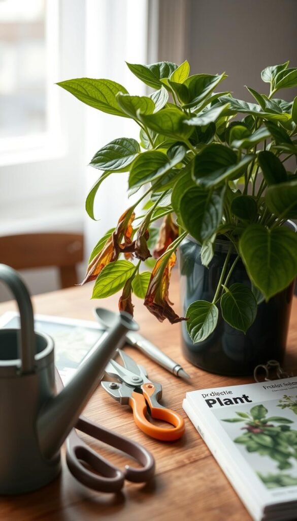 A well-lit, close-up shot of a healthy houseplant with leaves wilting, discolored, or showing other signs of distress. The plant is placed on a wooden table or desk, with a pair of gardening shears, a watering can, and a plant identification guide nearby, suggesting an active troubleshooting process. The lighting is soft and diffused, creating a calming, introspective atmosphere. The frame captures the plant in the foreground, with a blurred, minimalist background, drawing the viewer's attention to the plant and the problem-solving tools. The overall scene conveys a sense of care, attention, and a desire to understand and remedy the plant's issues.