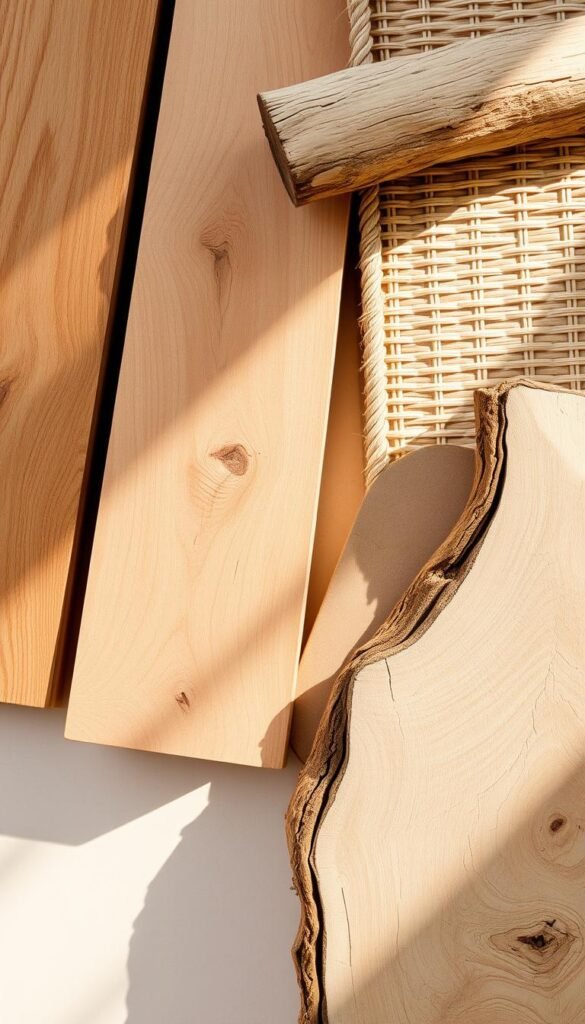 A well-lit, close-up view of various natural wood furniture materials, including a smooth, polished oak plank, a rough-hewn cedar log, a woven rattan panel, and a slab of bleached driftwood. The pieces are arranged artfully on a neutral background, casting soft shadows and highlighting the distinct grains, knots, and textures of the woods. The overall mood is one of warmth, simplicity, and an appreciation for the beauty of natural materials.