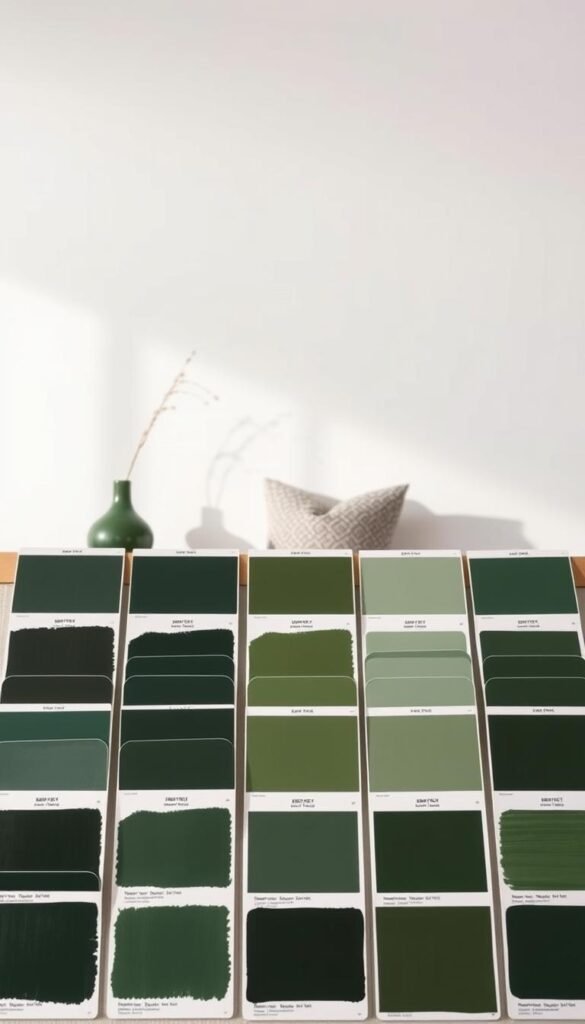A well-lit display of various shades of dark green paint in a sophisticated, minimalist setting. The foreground features an assortment of paint sample cards, arranged in a neat grid, showcasing the nuanced tones and undertones of the color. The middle ground has a few carefully curated home decor items, such as a sleek vase or a textured throw pillow, to provide context and inspiration. The background is a clean, neutral-toned wall, allowing the greens to take center stage. The overall mood is one of refinement, elegance, and thoughtful curation, reflecting the sophistication of a dark green living room decor.