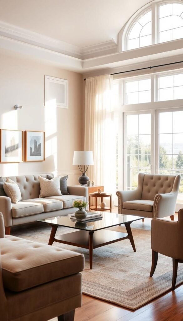 A well-lit, high-quality transitional living room setting featuring a plush, high-backed sofa with wooden legs, a mid-century modern coffee table with a sleek glass top, and a pair of elegant armchairs with tufted upholstery. The space is bathed in warm, natural light, highlighting the harmonious blend of classic and contemporary design elements. The furniture pieces exude a timeless sophistication, showcasing the balance of form and function that embodies the transitional aesthetic. Subtle textures and muted color palettes create a serene, inviting atmosphere, reflecting the essence of a balanced, elegant living space.