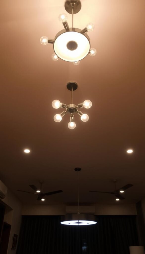 A well-lit living room showcasing an assortment of ceiling light fixtures, each emitting a distinct intensity and color temperature. In the foreground, a contemporary chandelier casts a warm, soft glow, its various bulb types creating a harmonious interplay of light. In the middle ground, recessed spotlights provide focused illumination, highlighting key architectural elements. In the background, a sleek linear pendant suspends above a seating area, its dimmable LEDs allowing for precise control of light levels. The overall scene conveys a sense of balance, highlighting how thoughtful lighting choices can enhance the ambiance and functionality of a modern living room.