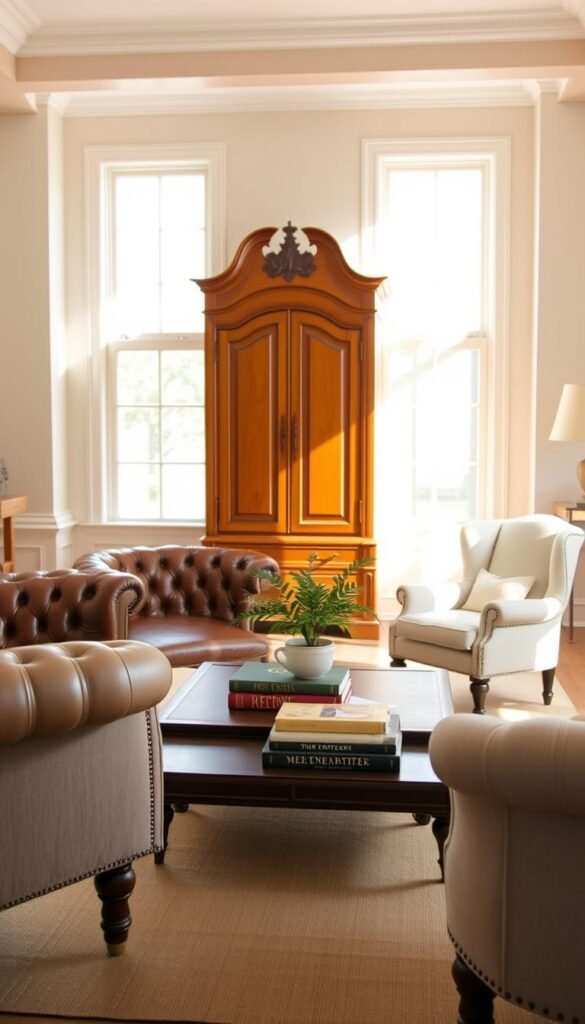 A well-lit living room with classic, preppy-style furniture pieces. In the foreground, a tufted Chesterfield sofa in rich brown leather, flanked by a pair of wingback chairs in a crisp, off-white linen fabric. In the middle ground, a low, dark wood coffee table with turned legs, topped with a stack of hardcover books and a potted plant. Behind, a tall, ornately carved armoire in a warm, honey-toned wood occupies the back wall, casting soft shadows across the scene. Gentle, diffused daylight streams in through large windows, creating a bright, airy atmosphere. The overall mood is one of timeless sophistication and refined elegance.