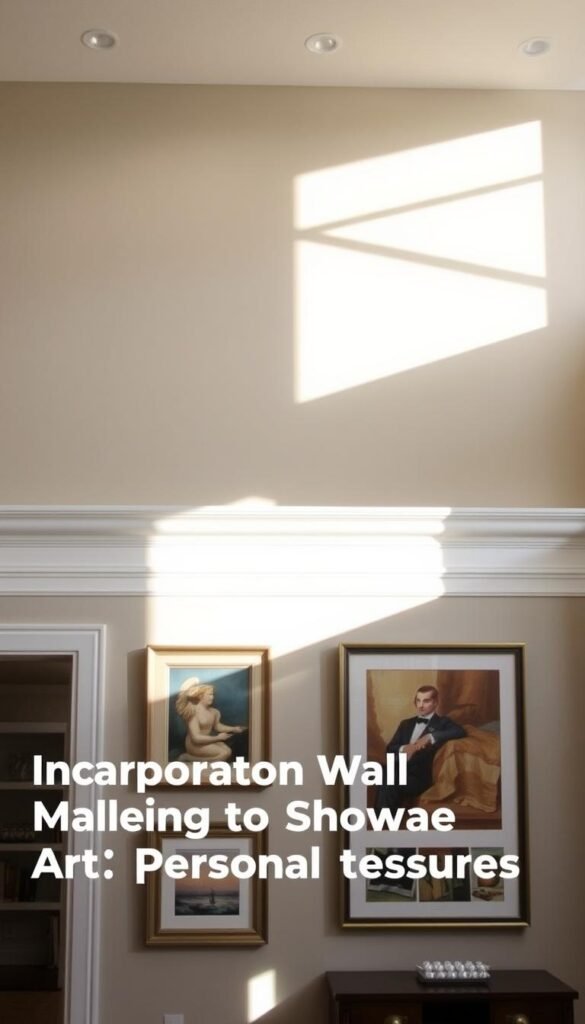 A well-lit, modern interior featuring a white picture rail molding displaying a collection of framed artwork. The molding runs along the top of a neutral-colored wall, casting soft shadows that accentuate its architectural details. The frames feature a variety of media, including oil paintings, photographs, and abstract prints, arranged in a visually balanced and curated manner. Warm, diffused lighting from overhead fixtures and natural light from nearby windows create a gallery-like ambiance, highlighting the textures and colors of the artwork. The overall scene conveys a sense of refined elegance and personal style, perfectly suited for the "Incorporating Wall Molding to Showcase Art and Personal Treasures" section.