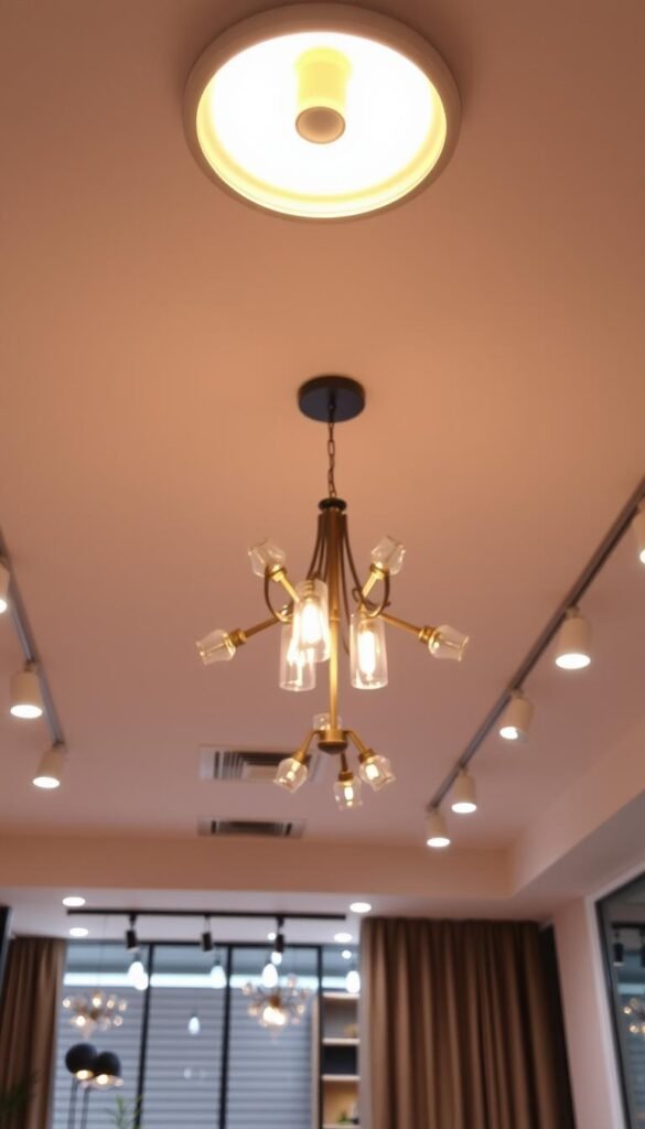 A well-lit, modern living room featuring an arrangement of diverse ceiling light fixtures. In the foreground, a sleek, minimalist LED recessed light casts a warm glow. In the middle ground, a striking chandelier with geometric metal arms and glass shades hangs gracefully. In the background, a series of track lights illuminate the space, providing focused illumination. The lighting design creates a harmonious balance of ambient, task, and accent lighting, reflecting the section's exploration of different ceiling light types. The overall scene conveys a sense of style, functionality, and a welcoming atmosphere.