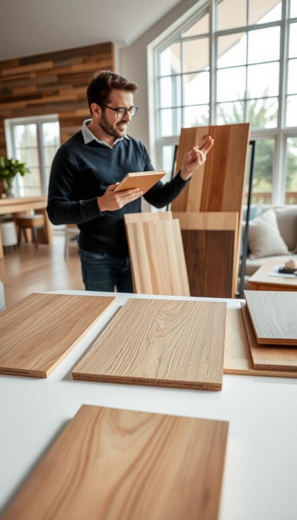 A well-lit, modern living room showcases a variety of wood paneling options. In the foreground, a homeowner examines different wood grain patterns, textures, and stain colors, carefully considering how they would complement the room's decor. The middle ground features a selection of wood panels displayed on a clean, minimalist table, allowing for close inspection. In the background, the room's architecture is visible, with large windows flooding the space with natural light and highlighting the potential of the wood paneling to add warmth and depth to the design. The overall atmosphere conveys a sense of thoughtful consideration and a desire to find the perfect paneling solution for this contemporary living space.