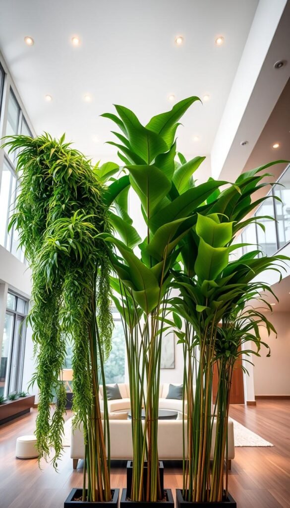 A well-lit, modern living room with high ceilings and expansive windows. In the foreground, a collection of large, lush indoor plants stands tall, their verdant foliage cascading down. The plants are positioned strategically to create a striking focal point, blurring the line between indoor and outdoor spaces. The middle ground features a sleek, minimalist seating arrangement, allowing the plants to take center stage. Warm, diffused lighting from overhead fixtures casts a soft glow, creating a serene and inviting atmosphere. The background showcases the room's architectural details, such as clean lines and neutrally colored walls, allowing the plants to truly shine as the statement pieces they are.