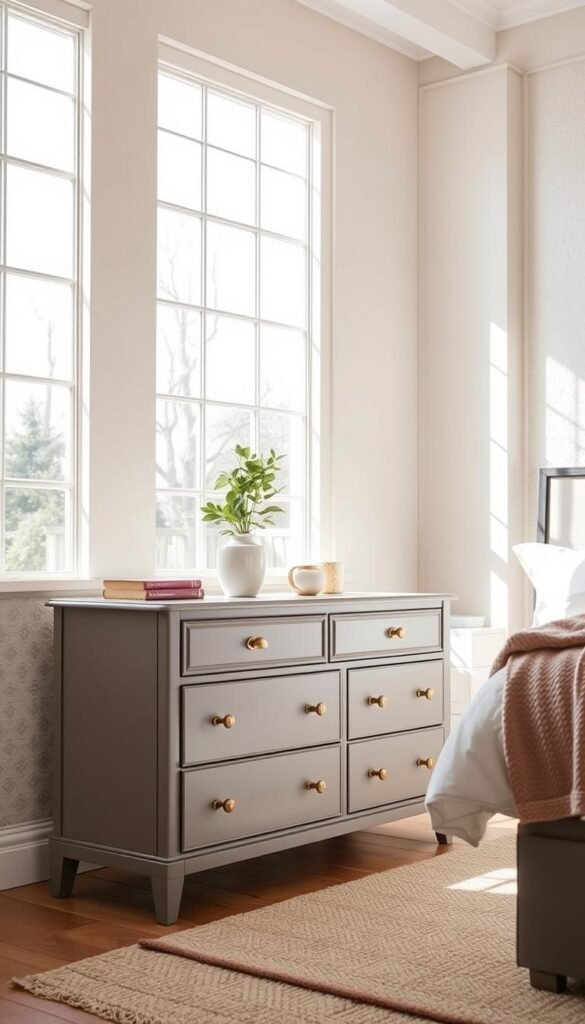 A well-lit, spacious bedroom interior with a beautifully refinished dresser in the foreground. The dresser's worn wood surface has been transformed with a soft, matte gray paint, complemented by shiny new brass hardware. Sunlight streams through large windows, creating a warm, inviting atmosphere. The dresser is positioned against a subtly textured wall, adding depth and visual interest. Carefully curated decor elements, such as a potted plant and a cozy throw blanket, complete the scene, showcasing the effortless elegance of the furniture makeover.