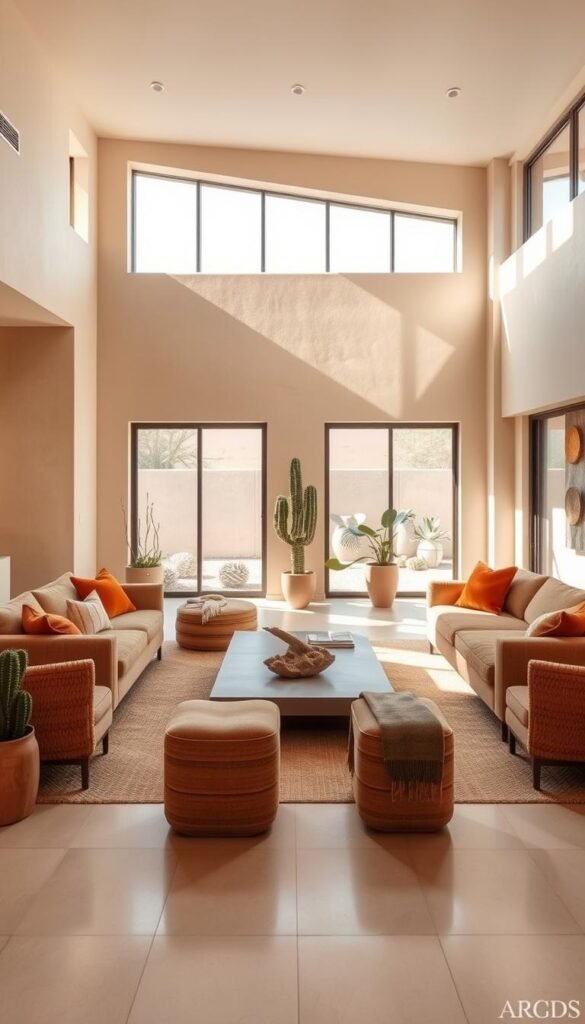 A well-lit, spacious desert modern living room with a neutral color palette of warm beiges, sun-kissed ochres, and earthy terracotta tones. Plush textured sofas and armchairs arranged around a minimalist coffee table. Sleek angular lines in the architectural details and furniture design, complemented by organic shapes in decorative elements like handwoven rugs and potted cacti. Soft natural light filters through large windows, casting a tranquil, serene ambiance. Subtle hints of greenery and polished wood accents add depth and warmth to the space. An overall harmonious, balanced, and calming atmosphere reflective of the desert modern aesthetic.