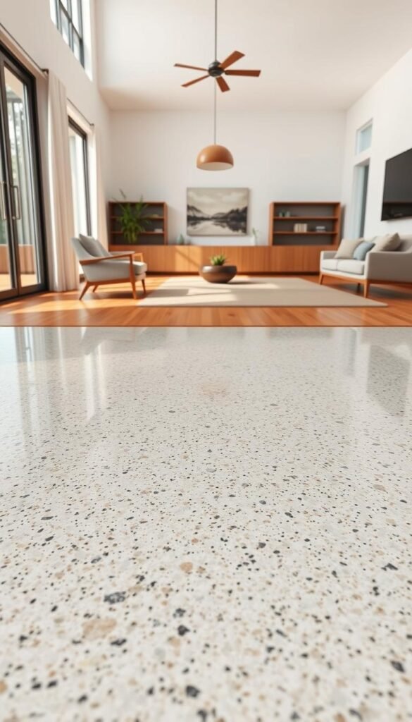 A well-lit, spacious mid-century modern living room with a focus on the flooring options. In the foreground, a seamless terrazzo tile pattern in a mix of neutral tones and flecks of color, reflecting the natural light from large windows. In the middle ground, the terrazzo transitions smoothly into a warm, hardwood floor, with a natural wood grain and a subtle sheen. The background features a minimalist, open-concept space with clean lines and a neutral color palette, allowing the flooring to take center stage. The overall atmosphere is one of sophistication, timelessness, and an authentic, high-quality aesthetic. A well-lit, spacious mid-century modern living room with a focus on the flooring options. In the foreground, a seamless terrazzo tile pattern in a mix of neutral tones and flecks of color, reflecting the natural light from large windows. In the middle ground, the terrazzo transitions smoothly into a warm, hardwood floor, with a natural wood grain and a subtle sheen. The background features a minimalist, open-concept space with clean lines and a neutral color palette, allowing the flooring to take center stage. The overall atmosphere is one of sophistication, timelessness, and an authentic, high-quality aesthetic.