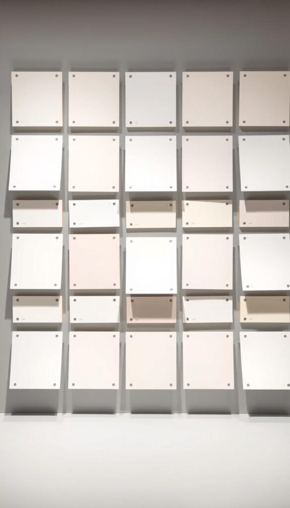 A well-lit studio scene showcasing an array of small paint sample boards, each displaying a distinct white paint undertone. The boards are arranged in a visually pleasing grid, allowing for easy side-by-side comparison. The tones range from bright, clean whites to soft, muted ivories, with subtle variations in hue, warmth, and saturation. The boards are photographed from a slight angle, capturing the nuanced differences in each paint swatch. Soft, diffused lighting illuminates the samples, highlighting their subtle tonal variations. The background is a simple, neutral gray or white, keeping the focus on the paint samples and their contrasting undertones. A well-lit studio scene showcasing an array of small paint sample boards, each displaying a distinct white paint undertone. The boards are arranged in a visually pleasing grid, allowing for easy side-by-side comparison. The tones range from bright, clean whites to soft, muted ivories, with subtle variations in hue, warmth, and saturation. The boards are photographed from a slight angle, capturing the nuanced differences in each paint swatch. Soft, diffused lighting illuminates the samples, highlighting their subtle tonal variations. The background is a simple, neutral gray or white, keeping the focus on the paint samples and their contrasting undertones.