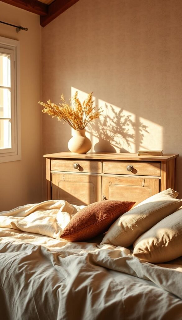 A well-lit, sun-drenched bedroom with earthy, organic textures. The foreground showcases a cozy, inviting bed draped in a soft, linen duvet cover and adorned with plush, natural fiber throw pillows. The middle ground features a rustic, wooden dresser with a weathered, textured surface, complemented by a decorative vase filled with dried flowers. In the background, the walls are adorned with a subtle, earthy wallpaper pattern, evoking a sense of warmth and tranquility. The lighting is soft and warm, casting a gentle glow throughout the space, creating an inviting and serene atmosphere.