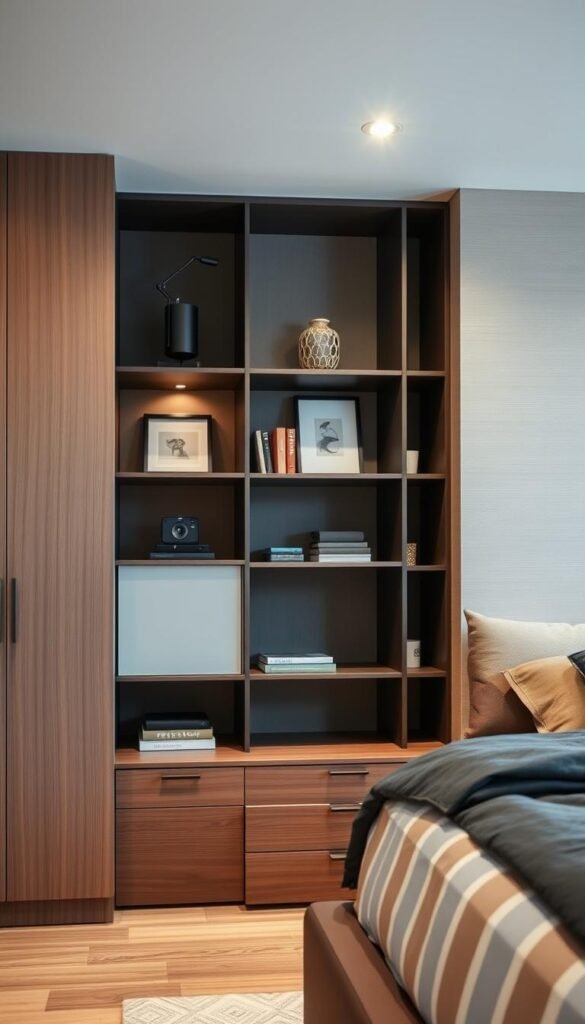 A well-organized and stylish bedroom with sleek, space-saving storage solutions. In the foreground, a minimalist modular shelving unit displays carefully curated decor and personal items. In the middle ground, a low-profile dresser with smooth wooden drawers and discrete hardware complements the modern aesthetic. The background features a neutral-toned wall with subtle textures, creating a calming, refined ambiance. Soft, diffused lighting from recessed fixtures above casts a warm glow, highlighting the clean lines and sophisticated materiality of the storage pieces. The overall scene conveys a sense of considered, grown-up style and optimal functionality.