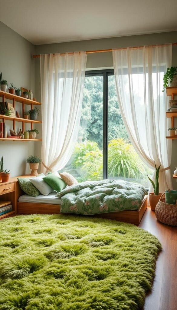 A whimsical, earthy green girls' bedroom with soft, natural lighting filtering through sheer curtains. In the foreground, a large, fluffy green rug with playful floral patterns. A low, wooden platform bed is adorned with plush, botanical-patterned bedding and fluffy green pillows. Along the walls, floating wooden shelves display an eclectic collection of potted plants, storybooks, and decorative ceramic figurines. In the background, a large window overlooking a lush, verdant garden, framed by flowing, sheer curtains that gently sway in the breeze, creating a sense of tranquility and connection to nature.