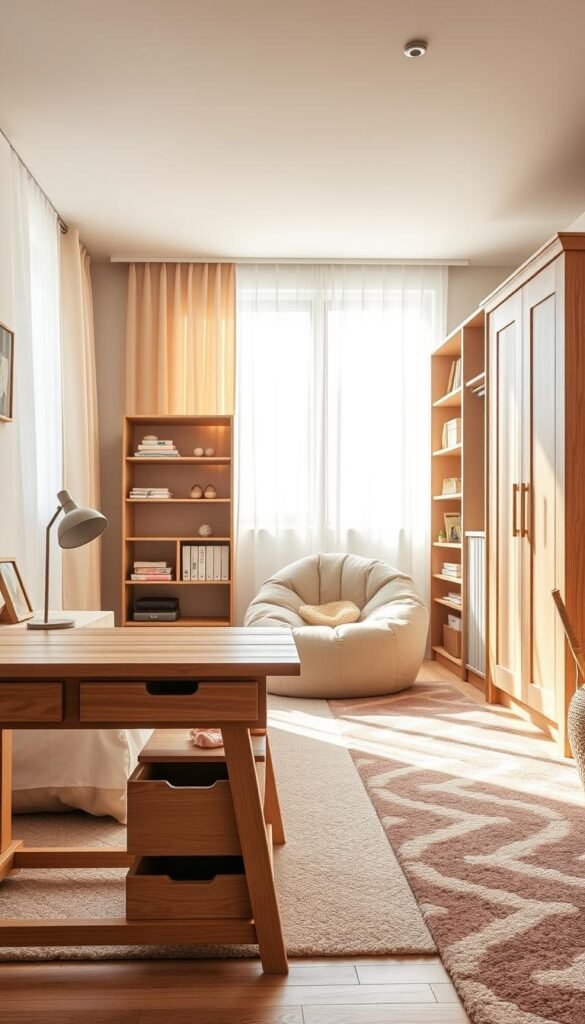 A whimsical, well-lit scene showcasing a stylish, child-friendly bedroom with pieces of furniture that can grow with the child. In the foreground, an adjustable wooden desk with built-in storage and drawers, its legs extending to accommodate the child's height. In the middle ground, a cozy reading nook with a plush, oversized bean bag chair and a bookshelf with shelves that can be repositioned. In the background, a multifunctional wardrobe with hanging rods, shelves, and a rod that can be raised or lowered. Warm, natural lighting filters through sheer curtains, creating a cozy, inviting atmosphere. The overall aesthetic blends modern and rustic elements, perfectly suited for a young child's evolving needs.