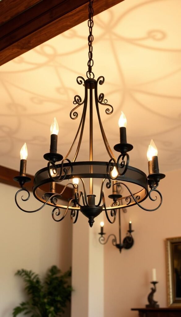 A wrought iron chandelier with intricate, curving branches suspends gracefully from the ceiling, its warm, soft glow illuminating a modern Spanish living room. Delicate metalwork casts intricate shadows on the walls, adding depth and texture. The fixtures are finished in a dark, burnished hue that complements the earthy color palette of the space. Elegant candle-style bulbs flicker, creating a cozy, inviting atmosphere. The lighting draws the eye upward, heightening the sense of space and drawing attention to the room's architectural details. The overall effect is one of rustic sophistication, blending traditional Spanish influences with a refined, contemporary aesthetic.