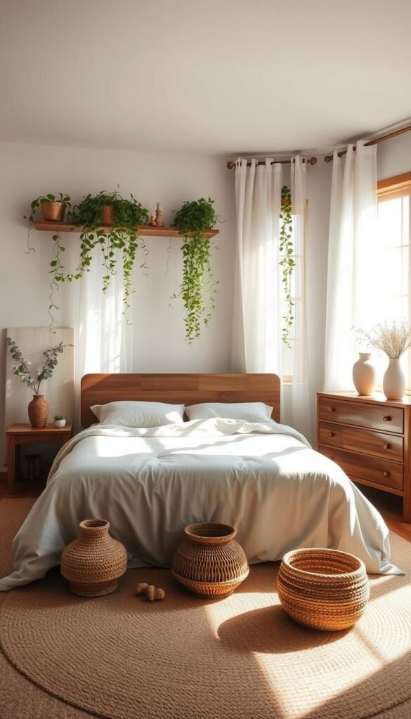 An airy, sun-dappled bedroom with a curated palette of earthy hues. A plush, linen-draped bed takes center stage, surrounded by wooden nightstands and a dresser in a rich, weathered finish. Trailing plants cascade from floating shelves, casting soft shadows on the walls. Sheer, billowing curtains frame large windows, allowing natural light to filter in and warm the space. Underfoot, a woven area rug in muted tones grounds the scene. Subtle textures, from the woven basket to the ceramic vases, add depth and visual interest. The overall atmosphere is serene, grounding, and deeply connected to the natural world.