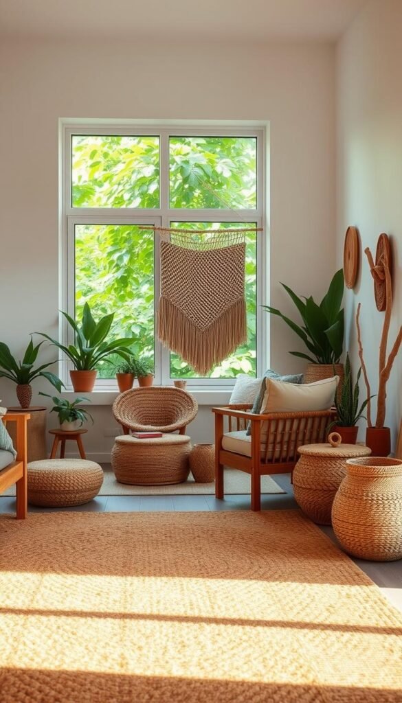 An airy, sun-drenched living room showcases a harmonious blend of natural materials. In the foreground, a plush jute area rug grounds the space, its earthy texture contrasting with sleek wood furniture. Midground, a woven rattan armchair and a macrame wall hanging add layers of organic warmth. The background features a large window framing verdant foliage, casting a soft, diffused light throughout the room. Woven baskets, terracotta pots, and driftwood accents further accentuate the room's serene, bohemian atmosphere. Captured with a wide-angle lens, the image evokes a sense of calm and connection with nature.