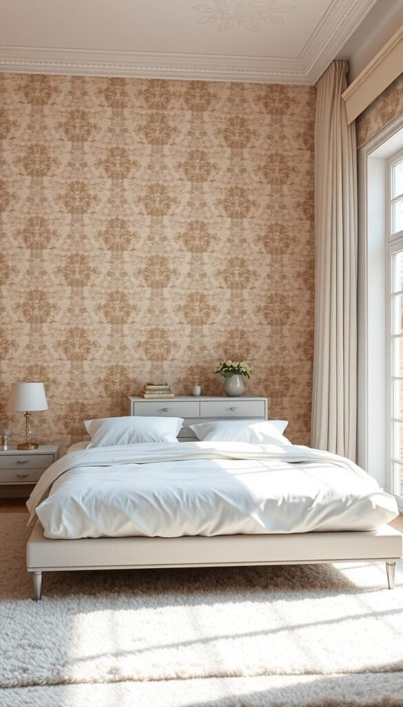 An airy, well-lit bedroom filled with a delicate pattern sprinkling technique. The foreground features a modern, minimalist bed frame with crisp white linens. Layers of ornamental, pastel-colored patterns cascade across the walls and plush area rug, creating a sense of harmony and visual interest. Soft, diffused lighting from large windows casts a warm glow, highlighting the interplay of textures. The background showcases a monochromatic, neutral-toned dresser and nightstands, allowing the patterned elements to take center stage. An overall atmosphere of tranquility and refined sophistication pervades the scene.