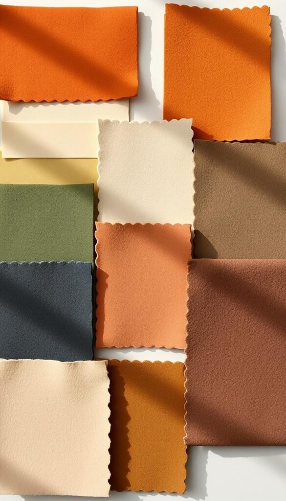 An arrangement of earthy color swatches, showcasing a harmonious palette of muted tones. Soft, natural lighting illuminates the subtle gradients, highlighting the rich textures of matte, suede-like finishes. The swatches are arranged in a balanced, visually appealing composition, with a mix of rectangular and square shapes, creating a sense of visual interest and depth. The overall mood is one of tranquility and grounding, evoking a serene, calming atmosphere. The colors range from warm ochres and russet hues to cool, mossy greens and deep, earthy browns, reflecting the soothing, nature-inspired palette ideal for creating a relaxing, zen-like ambiance in a bedroom setting.