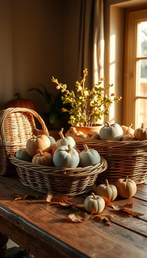 An autumnal still life of woven wicker baskets filled with matte cement fruit, arranged on a rustic wooden table. Warm golden light filters through a window, casting soft shadows and giving the scene a cozy, inviting atmosphere. The textures of the wicker and cement contrast beautifully, while the neutral color palette of grays, tans, and ochres evokes the season's comforting tones. A potted plant and a few dried leaves scattered around the table complete the nature-inspired vignette, capturing the essence of an autumn harvest.