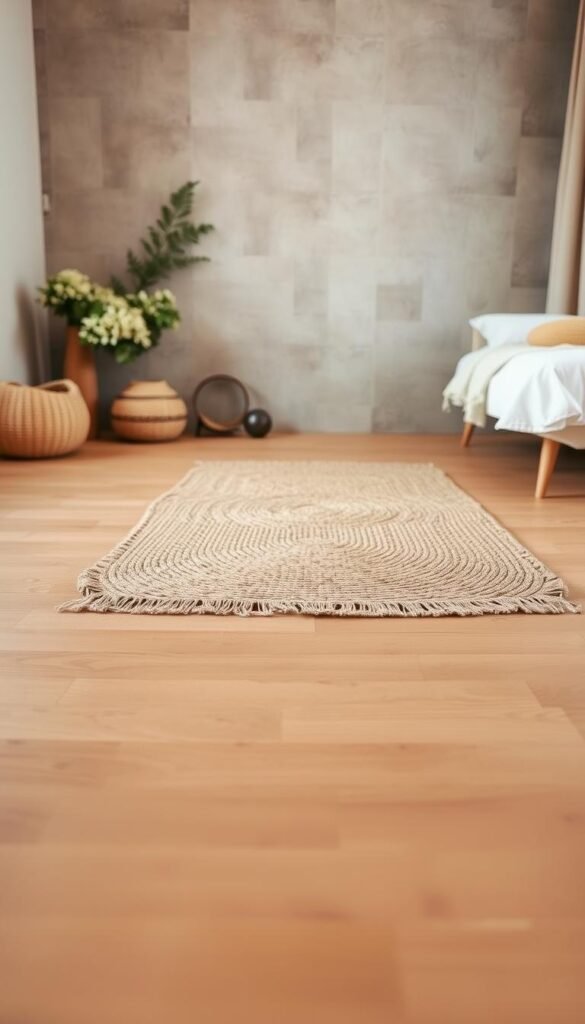 An earthy-toned bedroom with natural flooring options arranged in a harmonious display. In the foreground, a warm-hued hardwood floor with a subtle grain pattern stretches across the frame. In the middle ground, a woven natural fiber rug in an organic, geometric design anchors the space, complementing the wood. In the background, smooth stone tiles in a neutral palette create a calming, grounded atmosphere. The lighting is soft and diffused, casting a natural, soothing glow throughout the room. The overall scene evokes a sense of grounded comfort and harmony, perfectly suited for an earthy, nature-inspired bedroom decor.