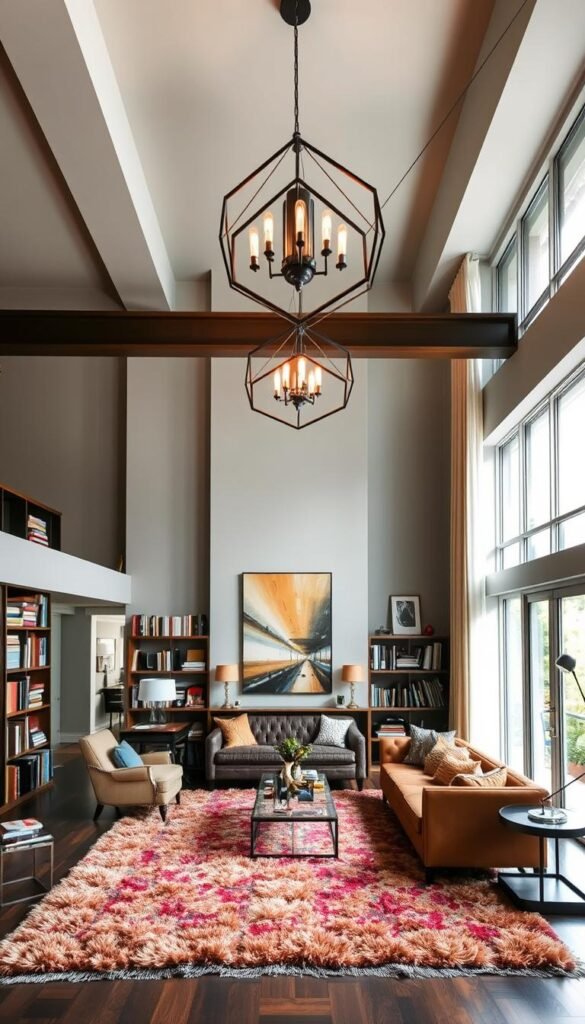 An eclectic living room with a stunning statement lighting fixture hanging from the high ceiling. The fixture is a modern, geometric design with an industrial-chic aesthetic, casting a warm, ambient glow throughout the space. In the foreground, a plush, colorful rug anchors a cozy seating arrangement, where vintage and contemporary pieces mingle effortlessly. Bookshelves line the walls, adding depth and character to the room. Large windows let in natural light, creating a bright and airy atmosphere. The overall mood is one of refined sophistication and personal style, reflecting the homeowner's unique personality.