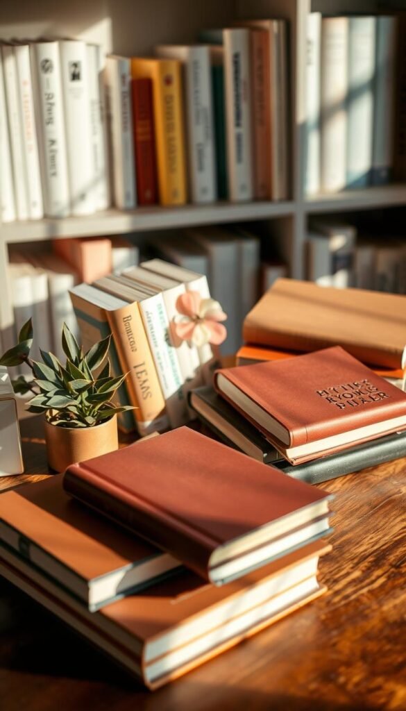 An elegant assortment of books arranged as seasonal decor, resting on a wooden surface. Soft lighting casts warm shadows, creating a cozy, intellectual atmosphere. In the foreground, a stack of hardcover books in autumnal hues - rust, ochre, and burgundy - complemented by a single potted plant. In the middle, books in pastel shades of spring - soft pinks, greens, and blues - nestled among small decorative accents. In the background, a collection of books in winter whites and icy blues, framed by a minimalist bookshelf. The entire scene exudes a sense of timeless sophistication and a love of the written word.