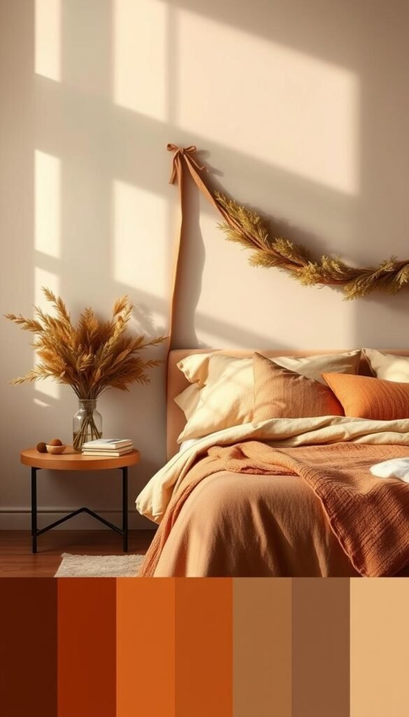 An elegant color palette radiating warmth and coziness. A harmonious blend of earthy ochres, russet hues, and mellow golds set against a soft, diffused background. Subtle lighting casts a gentle glow, enveloping the space in an inviting, intimate atmosphere. Textured fabrics, plush velvets, and natural wood tones create layers of tactile comfort. The overall composition evokes a sense of tranquility and nourishment, perfect for a cozy bedroom retreat.