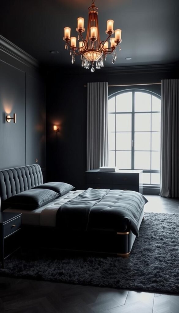 An elegant dark bedroom with intentional furniture selection. In the foreground, a luxurious king-sized bed with a plush, velvet headboard in a rich charcoal hue. Beside it, a pair of sleek, minimalist nightstands in a matte black finish. In the middle ground, a low-profile dresser in dark wood, its clean lines and subtle brass hardware complementing the overall aesthetic. Behind it, a large window floods the space with soft, diffused natural light, creating a cozy and inviting ambiance. The walls are painted in a deep, moody gray, and the floors are covered in a plush, charcoal-colored rug, tying the entire scene together. The lighting is a combination of warm, dimmable sconces and a statement chandelier casting a gentle glow throughout the room. An elegant dark bedroom with intentional furniture selection. In the foreground, a luxurious king-sized bed with a plush, velvet headboard in a rich charcoal hue. Beside it, a pair of sleek, minimalist nightstands in a matte black finish. In the middle ground, a low-profile dresser in dark wood, its clean lines and subtle brass hardware complementing the overall aesthetic. Behind it, a large window floods the space with soft, diffused natural light, creating a cozy and inviting ambiance. The walls are painted in a deep, moody gray, and the floors are covered in a plush, charcoal-colored rug, tying the entire scene together. The lighting is a combination of warm, dimmable sconces and a statement chandelier casting a gentle glow throughout the room.