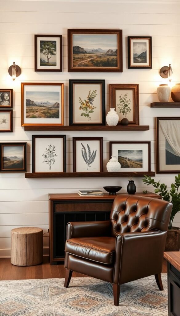 An elegant gallery wall in a modern farmhouse living room. A collection of rustic, vintage-inspired artwork and decor adorns the whitewashed shiplap walls, casting warm, ambient lighting from a pair of sleek metal sconces. Framed landscapes, botanical prints, and artisanal ceramics are arranged in an artful, asymmetric layout, complemented by natural touches like weathered wood shelves and a cozy, tufted leather armchair. The overall effect is one of refined, effortless style - a harmonious blend of rustic charm and contemporary elegance.