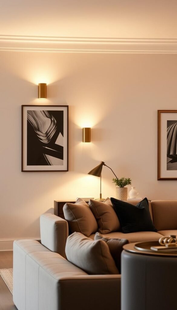 An elegant mid-century modern living room, softly lit by a pair of sleek, angular wall sconces. The sconces have a brushed brass finish, casting a warm, ambient glow across the room's clean lines and neutral palette. The sconces are strategically placed to accentuate the room's architectural features, creating a cozy and inviting atmosphere. The lighting is directional, focused on key areas to highlight the room's carefully curated decor. The overall effect is one of refined sophistication, with the wall sconces serving as a subtle yet impactful design element. An elegant mid-century modern living room, softly lit by a pair of sleek, angular wall sconces. The sconces have a brushed brass finish, casting a warm, ambient glow across the room's clean lines and neutral palette. The sconces are strategically placed to accentuate the room's architectural features, creating a cozy and inviting atmosphere. The lighting is directional, focused on key areas to highlight the room's carefully curated decor. The overall effect is one of refined sophistication, with the wall sconces serving as a subtle yet impactful design element.