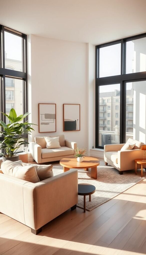 An elegant, modern apartment living room with sleek, minimalist furniture and decor. The space is bathed in warm, natural lighting from large windows, casting a cozy, inviting glow. Plush, neutral-toned sofas and armchairs are arranged in a cohesive layout, complemented by a low, wooden coffee table and a lush, potted plant in the corner. The walls are adorned with abstract, minimalist art pieces, while a soft, textured rug anchors the seating area. The overall aesthetic is refined, sophisticated, and tailored to the small-space constraints of an urban apartment. An elegant, modern apartment living room with sleek, minimalist furniture and decor. The space is bathed in warm, natural lighting from large windows, casting a cozy, inviting glow. Plush, neutral-toned sofas and armchairs are arranged in a cohesive layout, complemented by a low, wooden coffee table and a lush, potted plant in the corner. The walls are adorned with abstract, minimalist art pieces, while a soft, textured rug anchors the seating area. The overall aesthetic is refined, sophisticated, and tailored to the small-space constraints of an urban apartment.