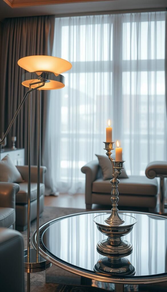 An elegant silver-toned living room illuminated by a soft, warm lighting scheme. In the foreground, a sleek, chrome floor lamp casts a gentle glow across the metallic accents and mirrored surfaces. In the middle ground, a pair of silver candelabras flicker atop a polished silver coffee table, creating a subtle shimmer. The background features a large window framed by sheer, silvery curtains, allowing natural light to filter in and accentuate the reflective qualities of the room's decor. The overall atmosphere is one of understated sophistication, where the interplay of light and silver tones creates a tranquil, luxurious ambiance. An elegant silver-toned living room illuminated by a soft, warm lighting scheme. In the foreground, a sleek, chrome floor lamp casts a gentle glow across the metallic accents and mirrored surfaces. In the middle ground, a pair of silver candelabras flicker atop a polished silver coffee table, creating a subtle shimmer. The background features a large window framed by sheer, silvery curtains, allowing natural light to filter in and accentuate the reflective qualities of the room's decor. The overall atmosphere is one of understated sophistication, where the interplay of light and silver tones creates a tranquil, luxurious ambiance.