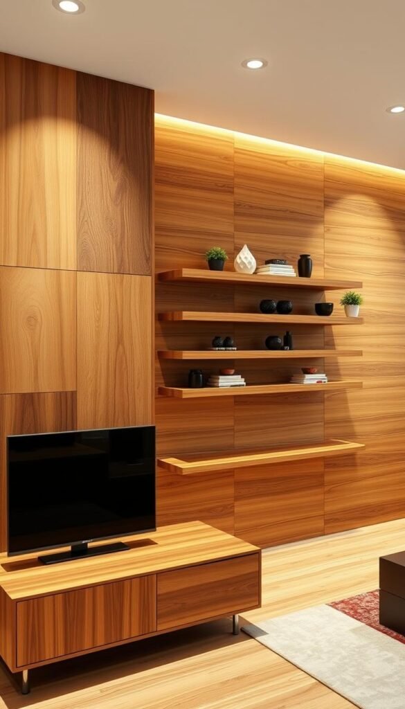 An elegant, well-lit modern media wall featuring a warm, natural wood grain aesthetic. In the foreground, a sleek, minimalist floating TV unit with clean lines and a rich wood finish. Surrounding it, an arrangement of geometric wood panels in varying tones, textures, and patterns - some smooth and uniform, others with distinctive knots and grains. In the middle ground, a series of floating wood shelves displaying decorative accessories and potted plants, adding depth and visual interest. The background showcases a stunning wood-paneled accent wall, the natural wood grain catching the soft, even lighting to create a cozy, inviting ambiance. Warm, earthy tones predominate, conveying a sense of modern luxury and refined natural elegance. An elegant, well-lit modern media wall featuring a warm, natural wood grain aesthetic. In the foreground, a sleek, minimalist floating TV unit with clean lines and a rich wood finish. Surrounding it, an arrangement of geometric wood panels in varying tones, textures, and patterns - some smooth and uniform, others with distinctive knots and grains. In the middle ground, a series of floating wood shelves displaying decorative accessories and potted plants, adding depth and visual interest. The background showcases a stunning wood-paneled accent wall, the natural wood grain catching the soft, even lighting to create a cozy, inviting ambiance. Warm, earthy tones predominate, conveying a sense of modern luxury and refined natural elegance.