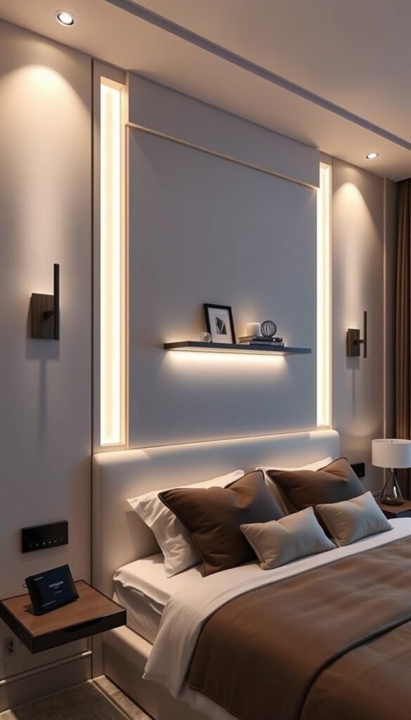 An elegantly designed bedroom with a focal wall showcasing a seamless, integrated lighting system. Soft, ambient illumination emanates from recessed wall panels, casting a warm, cozy glow across the space. Architectural sconces flank a minimalist floating shelf, highlighting carefully curated décor pieces. The lighting is thoughtfully integrated into the wall's design, creating a harmonious and visually striking focal point above the bed. The room exudes a serene, sophisticated atmosphere, where the lighting is both functional and an integral part of the room's aesthetic.
