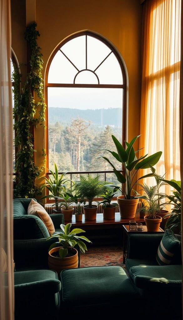 An elegantly furnished botanical retreat, bathed in warm, natural lighting from tall, arched windows. A lush, verdant oasis of thriving houseplants - trailing vines, fiddle-leaf figs, and potted palms, artfully arranged across a cozy seating area. Plush, forest-green upholstery and rich, wooden accents create a harmonious, inviting ambiance. Soft, diffused illumination filters through sheer curtains, casting a serene, contemplative mood. The scene is framed by a panoramic view of a secluded, wooded landscape, hinting at a tranquil sanctuary far removed from the outside world.