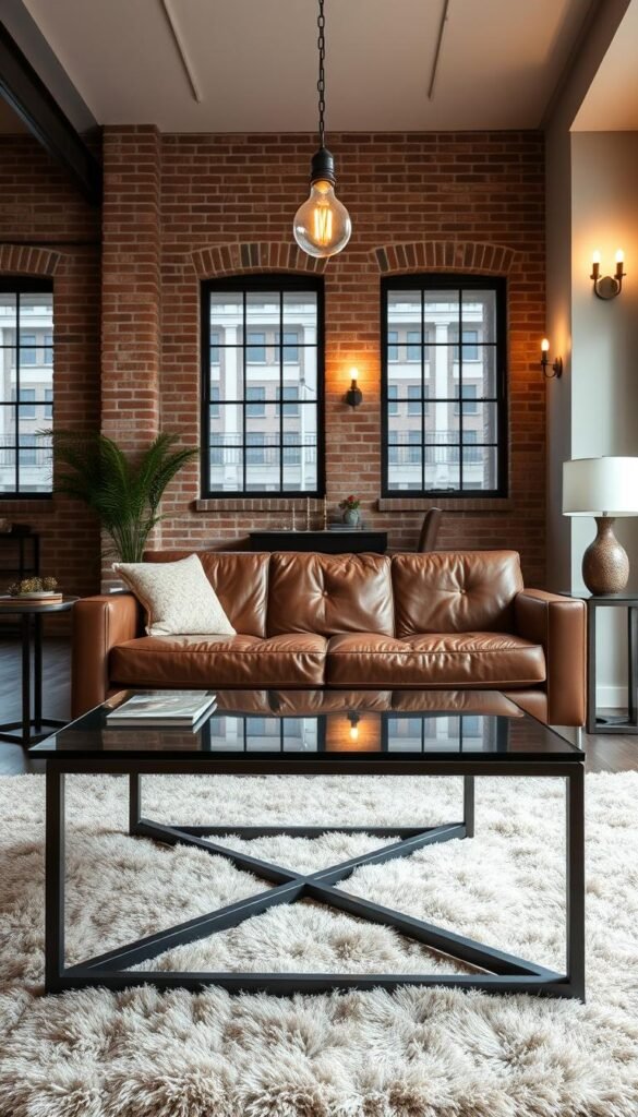 An elegantly furnished living room with a harmonious blend of industrial and modern elements. In the foreground, a sleek, steel-framed coffee table sits atop a plush, neutral-toned rug. The middle ground features a comfortable, leather sofa complemented by metallic accent pieces, such as a pendant light with an exposed bulb and a side table with a glass top. In the background, exposed brick walls and large windows create an urban, loft-like ambiance, softened by the warm glow of sconce lighting. The overall scene conveys a balance of raw, industrial charm and refined, contemporary style.