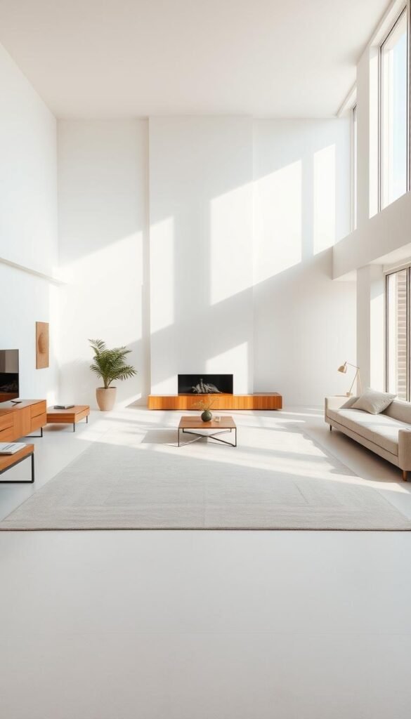 An expansive, minimalist living room with a large, rectangular area rug centered in the space. The rug has a simple, neutral geometric pattern, complementing the clean, uncluttered aesthetic of the room. Soft, diffused natural lighting filters in through large windows, creating a serene, calming atmosphere. The space is sparsely furnished with sleek, modern pieces, allowing the rug to become the focal point and anchor the room's design. Smooth, muted tones throughout, with hints of warm wood accents. The overall impression is one of tranquility, elegance, and a sense of openness. An expansive, minimalist living room with a large, rectangular area rug centered in the space. The rug has a simple, neutral geometric pattern, complementing the clean, uncluttered aesthetic of the room. Soft, diffused natural lighting filters in through large windows, creating a serene, calming atmosphere. The space is sparsely furnished with sleek, modern pieces, allowing the rug to become the focal point and anchor the room's design. Smooth, muted tones throughout, with hints of warm wood accents. The overall impression is one of tranquility, elegance, and a sense of openness.
