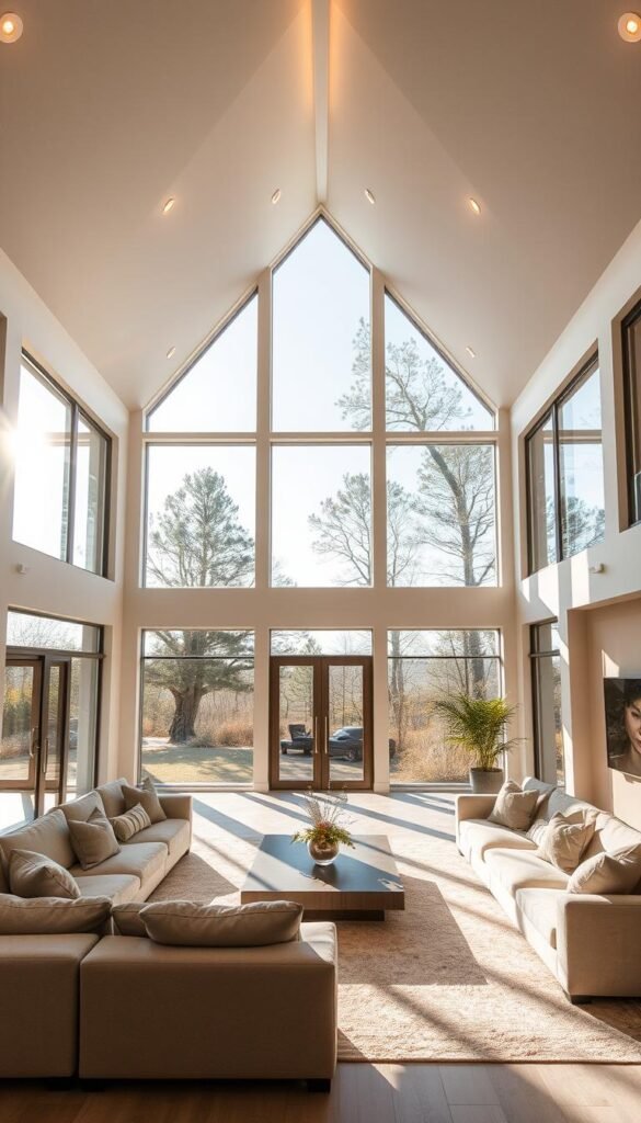 An expansive modern living room with a high vaulted ceiling and large strategically-placed windows that maximize natural light. The windows are designed with clean lines and minimal framing, allowing for unobstructed views of the outdoors. Sunlight filters in through the glass panes, casting a warm, diffused glow across the open space. The room is furnished with plush, neutral-toned sofas and a low-profile coffee table, creating a serene, minimalist aesthetic. The lighting is a harmonious blend of natural illumination and subtle, recessed fixtures that enhance the airy ambiance. Overall, the strategic window design seamlessly integrates the indoor and outdoor environments, elevating the sense of openness and luxury.
